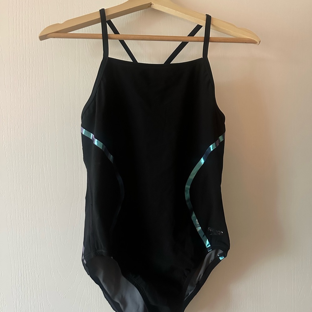 Speedo Black Swimsuit with Teal Stripes